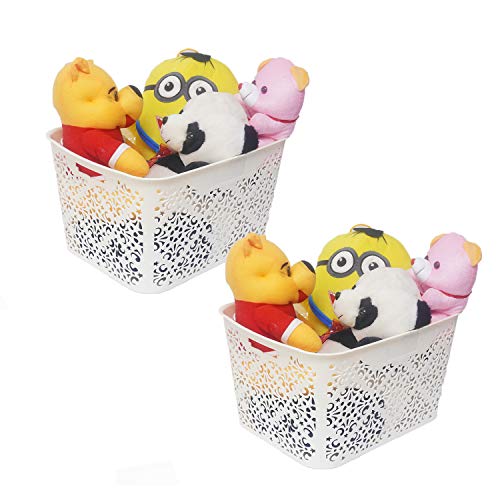 Image of Cutting Edge Essentials Rectangular Plastic Storage Baskets /Shelf /Turkish Rack With Lid - Set of 2 For Fruit Vegetable Bathroom Stationary Home Basket With Handle (Cream, Large)