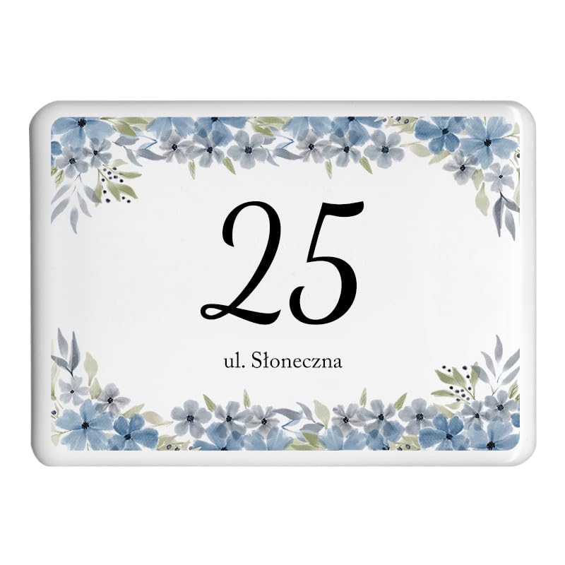 Numéro de maison rectangle bleu, plaque d'adresse murale motif fleur 12x17 cm