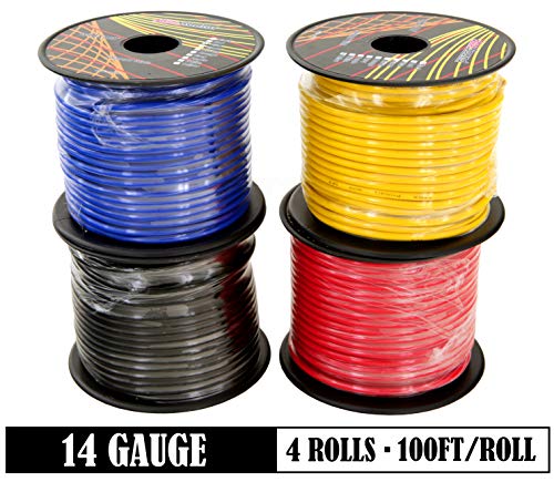 14 Gauge 4 Color Pack In 100 Ft Roll (400 Feet Total) Copper Clad Aluminum Cca Low Voltage Primary Wire For Automotive Harness Car Audio Video Wiring. Also In 10 Color Combo #TOP2