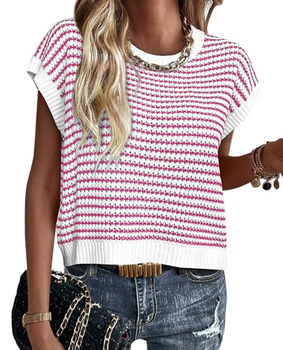 PRETTYGARDEN Short Sleeve Sweater for Women 2025 Summer Outfits Striped
