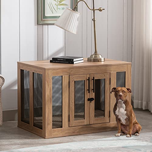 Dog Kennel Furniture with Tray and Cushion, Wooden Dog Crate Furniture with Double Doors, Dog Crate End Table for Small Medium Large Dogs, Indoor Dog Cage Furniture (M)