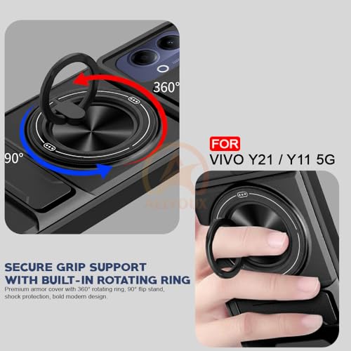 Image of Vivo Y21 5G / Y11 5G Back Cover | Armor Camera Slider 360 Degree Rotating Finger Ring Holder Case with Bracket Stand Back Case Cover (Compatible with MagSafe Accessories) (Black)