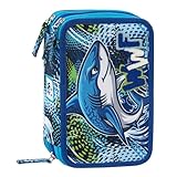 WWF - Astuccio Scuola Ufficiale WWF, Astuccio 3 Scomparti Bambino e Bambina con Set Cancelleria, Penna Cancellabile Blu e Pratica Chiusura a Zip, 20x13Hx7 cm, Squalo