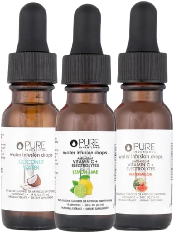 Pure Inventions - Coconut Water, Lemon Lime & Watermelon Water Infusion Drops - Antioxidants, Vitamin C & Electrolytes - Health & Wellness - Immunity Support -Sugar Free, Zero Calorie -12 Servings ea.