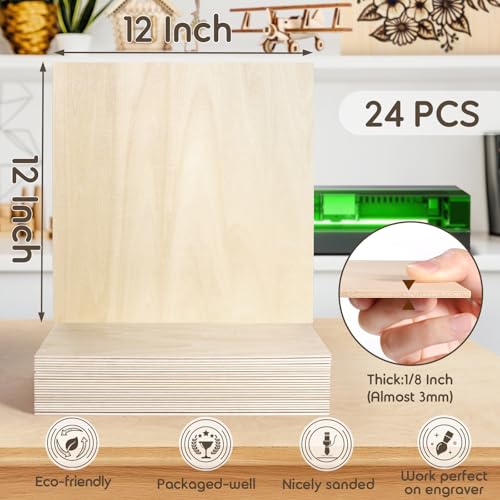 24 Pack 12x12x1/8 Inch Basswood Sheets, MAPRIAL Smooth 3mm Plywood for Laser Cutting, Unfinished Wood Board for Engraving, Wood Burning, Painting, Crafts, Ornaments, Models, Cutter, Engraver, Gifts - Image 2