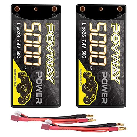 2S Shorty Lipo, POVWAY 5000mAh 7.4V 50C Hardcase Lipo Battery with 4mm Bullet Deans T Plug for 1/10 Scale RC Vehicles Cars Trucks Boats (2 Pack) Cover