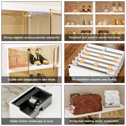 Image of 6-Tier Portable Shoe Rack Organizer for Closet, 24 Pairs Shoe Container Bins, Clear Plastic Collapsible Shoes Storage Box, Stackable Sneaker Storage Shoe Cabinet with Door