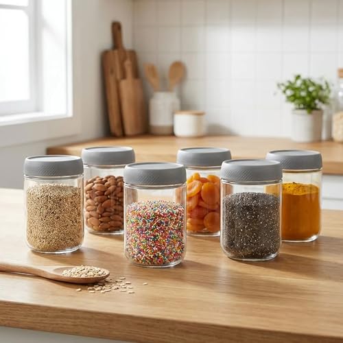 Image of Rioware Storage Glass Jar, Set of 6, 500 ml Each, Transparent, BPA Free, Storage Jar, Kitchen Organizer Modular, Multipurpose Cookies Jar, Grey