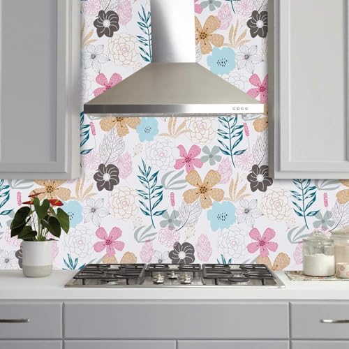 Image of Self Adhesive Waterproof Wallpaper for Kitchen Living Room Bed Room Furniture Makeover Cabinet Shelf Liner Tile Pattern Removable Contact Paper(Spring Blossom) (45X500 CM)