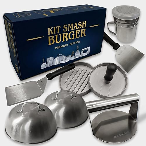 Smash Burgerpresse Set Premium - 7-teilig - Burger Smasher Set Grill aus Edelstahl 304-2 Burgerglocken Grillspachtel Set Gewürzstreuer + 60 Antihaftpapier - Smashed Grill Zubehör Burger