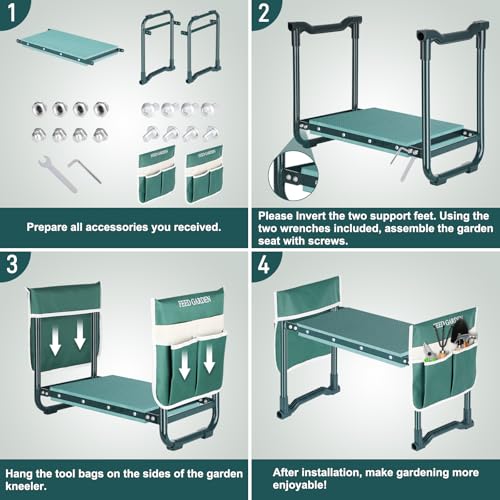 FEED GARDEN Garden Kneeler and Seat, Garden Stool with 10\" Wide Soft Kneeling Pad, Heavy Duty Gardening Bench Chair with 2 Tool Pouches, Gardening Gifts for Women Seniors Women Mom Men, Green