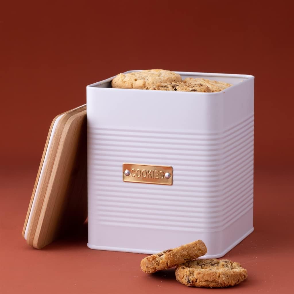 Typhoon Otto Square Canister | White with Wooden Lid - (2.8-Quart Square Cookie Jar)