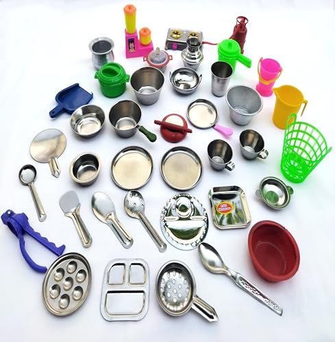 Image of 38 Pcs Miniature Kitchen Set for Kids Girls Boys,Kitchen Play Set,Stainless Steel Set,Toys for Girls,Prentend Play Toys Comes in a Zipper Pouch.
