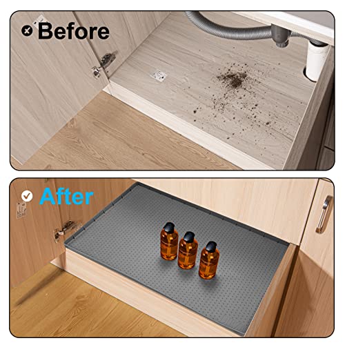 Dirza 34\" x 22\" Under Sink Mat for Kitchen Waterproof Flexible Silicone Under Sink Tray For Drips, Leaks, Spills,1\" Height Hold up to 3.3 Gallons of Water Gray