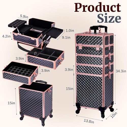 Image of TOPACK Professional 4-In-1 Rolling Makeup Train Case, Large Makeup Travel Case with Key Shoulder Strap /Handle Cushion I Makeup Train Case I Makeup Nail Cart I Cosmetology Case on Wheels(Black Glod)