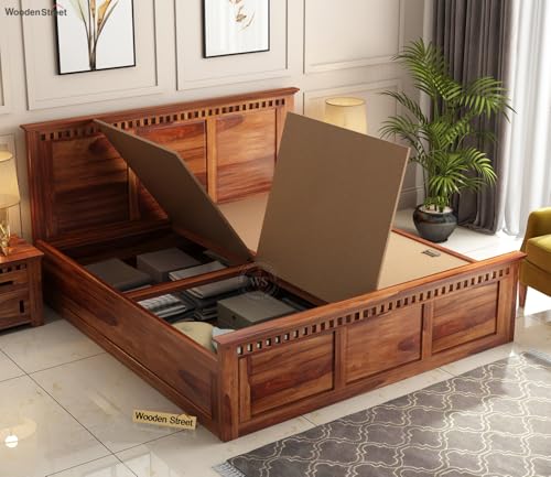 Image of Solid Sheesham Wood King Size Bed with Box Storage for Bedroom Furniture Wooden Double Bed Cot Beds Palang for Living Room Home and Hotels (Brown Finish)