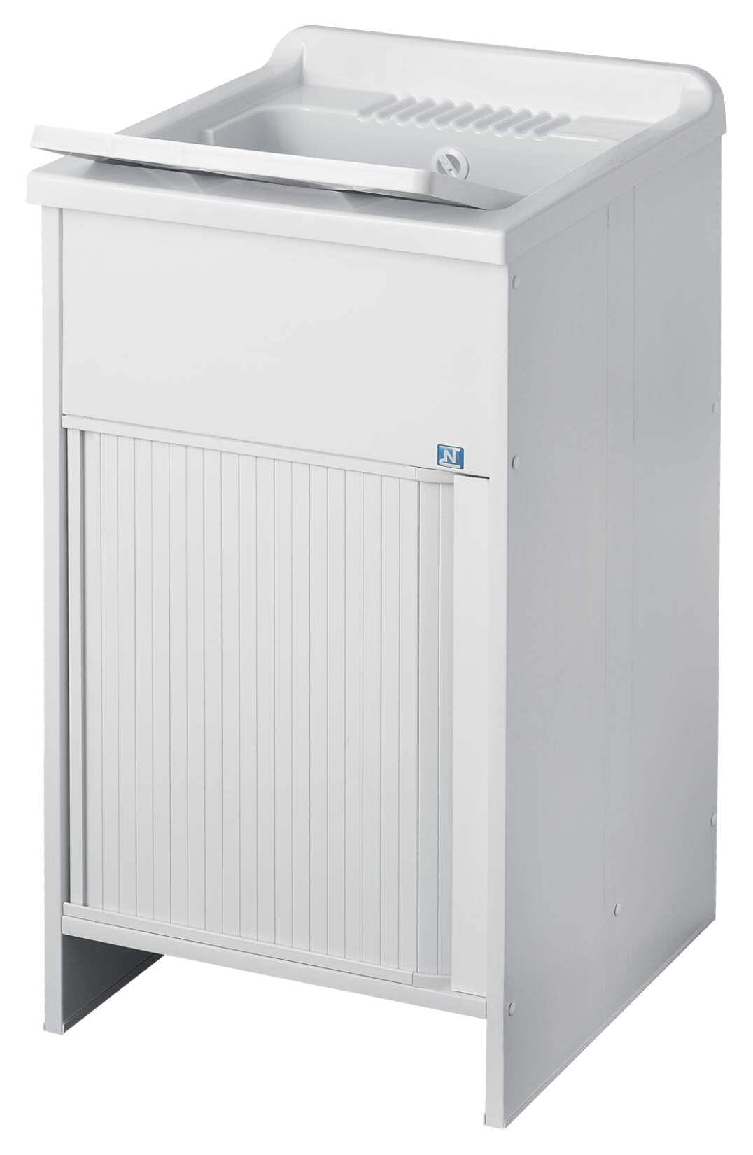 Negrari Esterni Roc 4003 Lavatoio Bianco 50x50 H85 cm Mobile PVC Chiusura Serrandina Vasca Asse Polipropilene Montato Piedini Regolabili Scarico Sifone Per Lavanderia Interno Esterno Luoghi Umidi