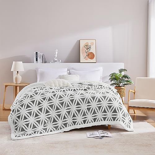 CozyBloom Large Soft Fuzzy Sherpa Fleece Bed Blanket Queen Size 90" x 90", Decorative Cozy Flannel Velvet Plush Blanket for Couch Sofa, Luxury Big Thick Warm Blanket for Winter,Washable,Grey and White