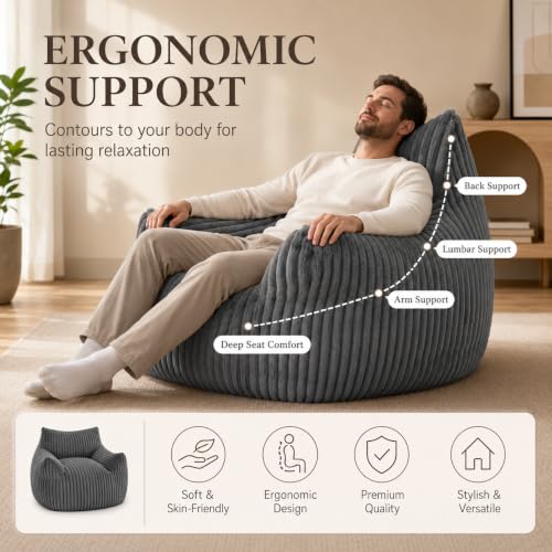 Image of Giant Plush Bean Bag Chair for Adults, 46 inch Oversized Bean Bag Sofa with Armrests, Memory Foam Comfy Mini Couch Lounge Chair, 400 LBS Floor Couch for Living Room, Bedroom, Game Room, Gray