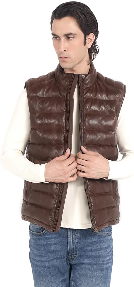 STREGA Puffer Vest Men Real Lambskin Leather Quilted Down Waistcoat Jacket - Outdoor Sleeveless Mens Vests - Image 2