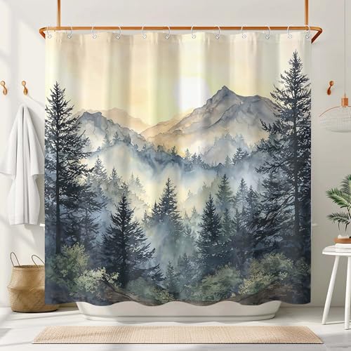 Wegklazax Mountain Nature Shower Curtain Watercolor Polyester Shower Curtain for