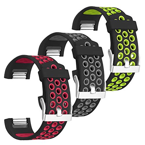 SKYLET Compatible with Fitbit Charge 2 Bands Men Women, 3-Pack Soft Sport Silicone Breathable Wristbands with Metal Buckle for Charge 2 Bands for Men Women, Large