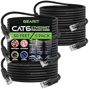 GearIT Cat 6 Ethernet Cable 50 ft (5-Pack) – Cat6 Patch Cable, Cat 6 Patch Cable, Cat6 Cable, Cat 6 Cable, Cat6 Ethernet Cable, Network Cable, Internet Cable – Black 50 Feet