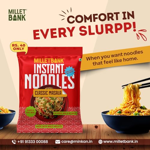 Image of Millet Bank Classic Masala Instant Noodles - Pack of 6 (50g Each) | 95% Multi-Millet & Whole Wheat | No Maida, Zero Cholesterol & Trans Fat | High Protein & Fiber Millet Instant Noodles | No Maida