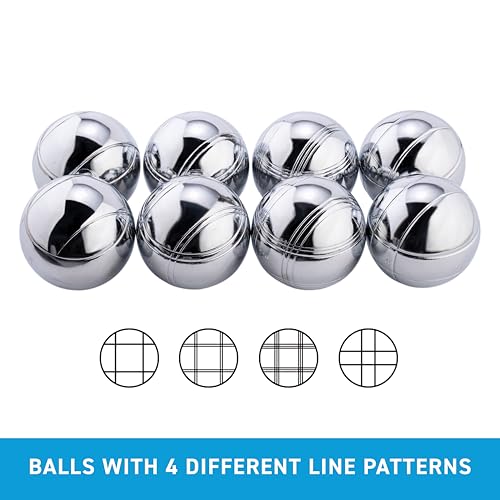 8-teilige Metall Boule Kugeln Set mit Tasche, Magnet, Distanzmesser & Holz-Cochonnet – Boccia / Botcha Spiel für Kinder & Familien - Petanque, Jeu de Boules, Cross Boule, Boßelkugel-Set - 010203