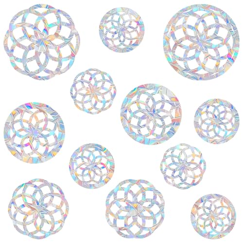 12 Pieces Mandala Window Clings - Anti-Collision Window Decals to Save Birds from Window Collisions,Non Adhesive Prismatic Vinyl Window Clings, Rainbow Stickers
