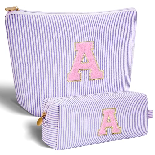 Btffitting Makeup Bag Set Initials Cosmetic Bag,Birthday Graduation Gifts for 10 11 12 13 14 15 16 17 18 Years Old Girl Girlfriend Teen Girls Gift Trendy Stuff Toiletry Bag Travel - Lavender,A