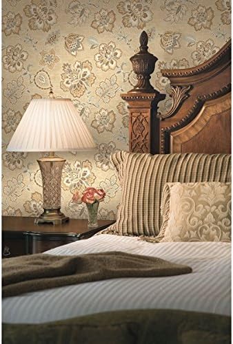 Wallpaper Designer Green Blue Beige Rust Rose Jacobean Floral Vine on BeigeFaux