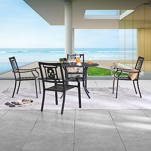 Image of LOKATSE Home 5-Piece Metal Outdoor Patio Dining Set with 4 Stackable Deck Armrest Chairs, 1 Round Umbrella Bistro Table for Lawn, Garden, Yard
