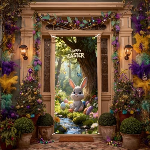Image of Easter Door Cover Happy Easter Bunny Door Banner for Front Door Outdoor Spring Easter Door Covers Decorations 35x71 Inch