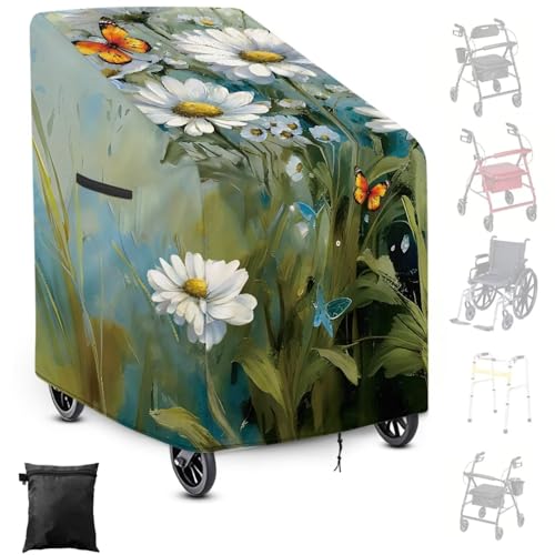 Bivxisrvo White Daisy Wheelchair Covers Waterproof, Folding Wheelchairs Mobility Scooter Outdoor Storage Covers Lightweight Rain Protector from Dust Dirt Snow Rain Sun Rays