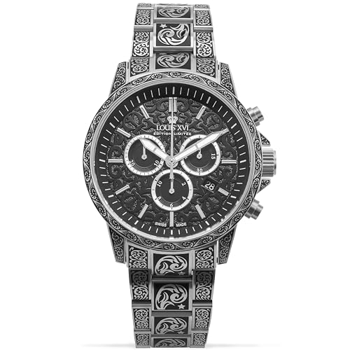 LOUIS XVI Palais Royale Inked 1720 - Ø 43 mm - Herren Uhr - Wasserdicht - Mit Saphirglas - Armband Silber - Zifferblatt Schwarz - Schweizer Quarzwerk