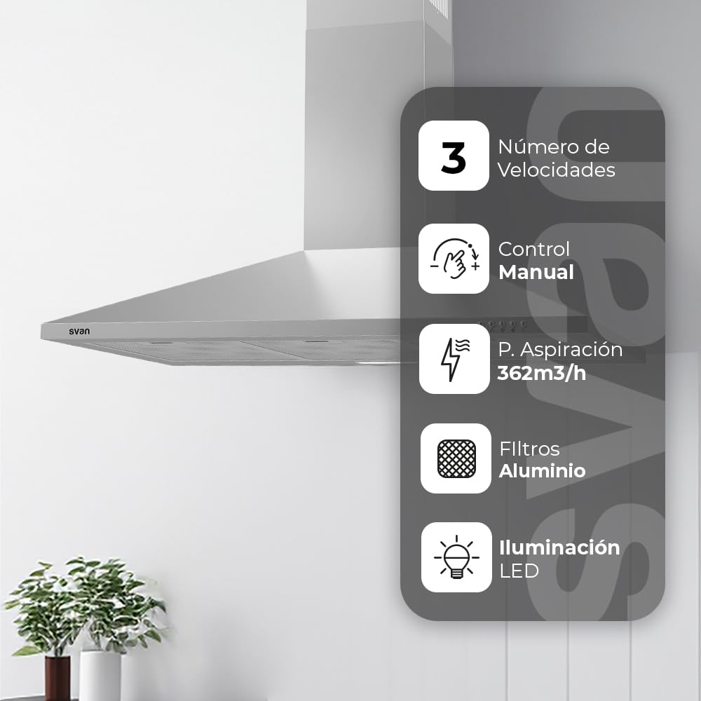 Svan Campana Extractora Piramidal 60cm Inox SCPP901BX. Potencia 66,5m3/h, Tiro Doble, 3 Velocidades, Control Manual, Filtro apto para Lavavajillas