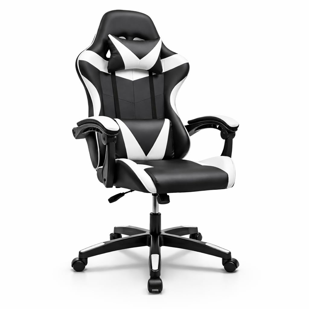 Ergonomic Reclining Gaming Chair with Lumbar and Cervical Cushion | Adjustable Height, Padded Armrests, 360° Wheels | Ideal for Office, Desk, Telework, Study, Gaming, Computer