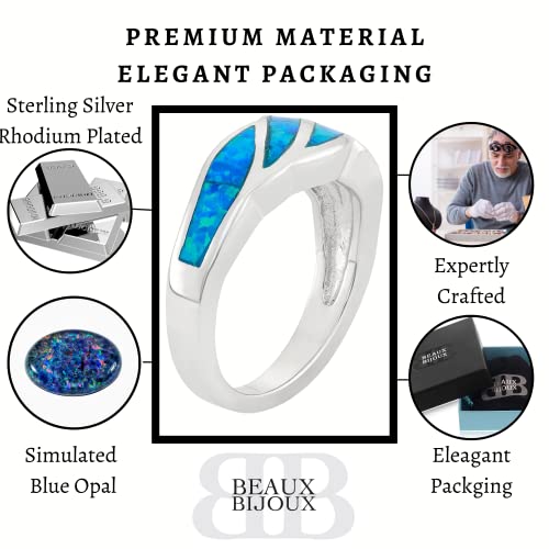 Beaux Bijoux Sterling Silver Created Opal Ring For Women | Simulated Blue Opal Gemstone Band Ring | Fine Stackable Silver Band Ring Band #TOP2