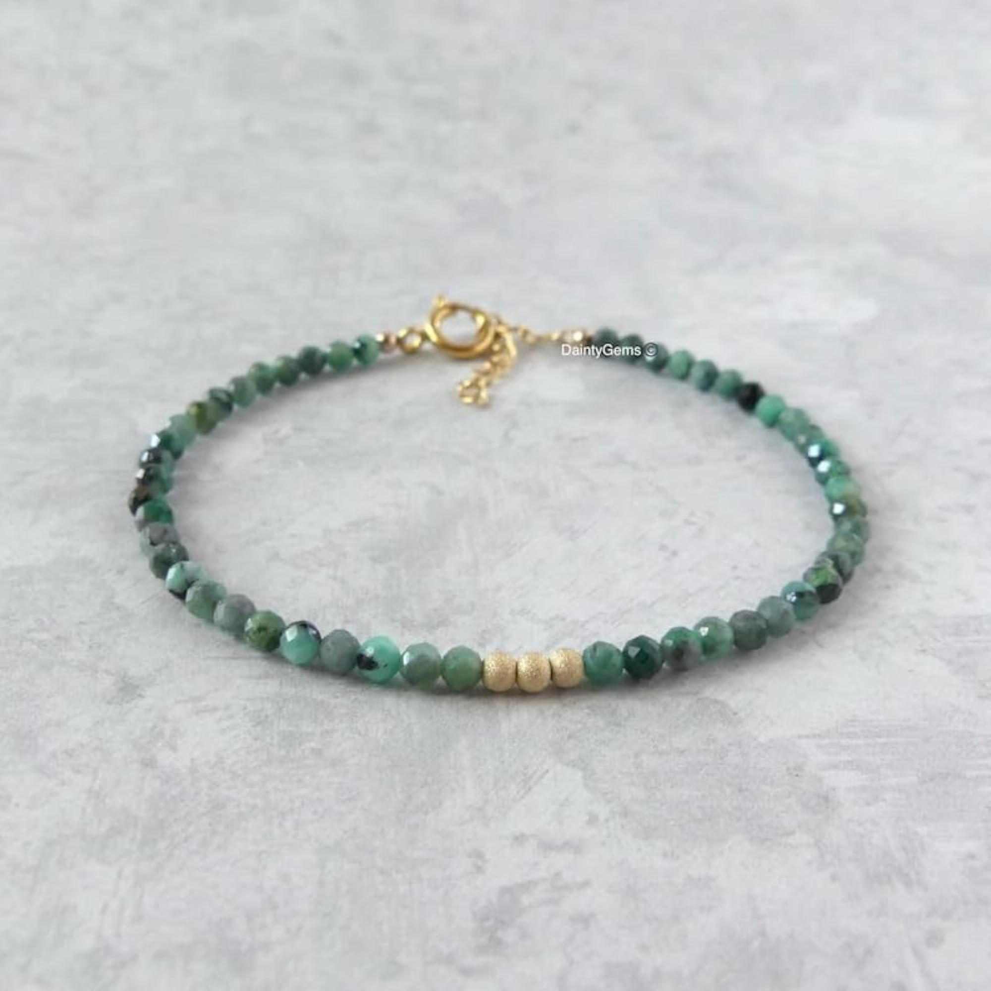 Emerald Round Beaded Bracelet with Gold Lock, Adjustable