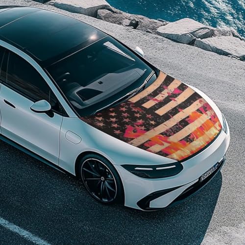 Image of Black US Flag Flames Car Hood Cover Protector Car Hood Wraps Auto Banner Stretchable Auto Decorative Accessories for Compact Sedans SUV Trucks (59x39 Inch)