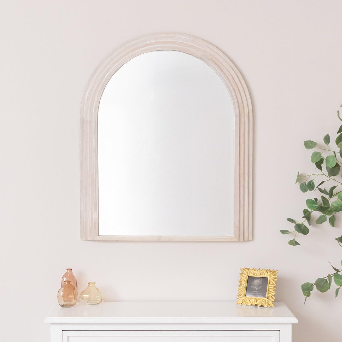 Melody Maison White Washed Wood Large Arched Wall Mirror - 90Cm X 75Cm