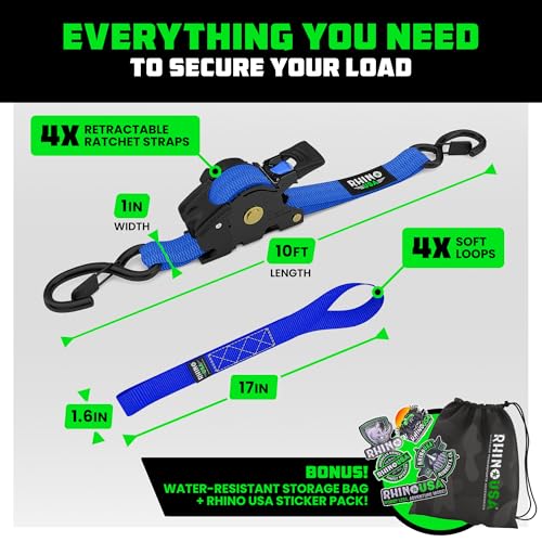 Image of Rhino USA Retractable Ratchet Straps (4-Pack) - 1 Inch x 10 Feet (1,209lb Break Strength) - Auto Self Retracting Tie Down Straps for Truck, Cargo Trailer, Motorcycle, ATV, UTV - Blue