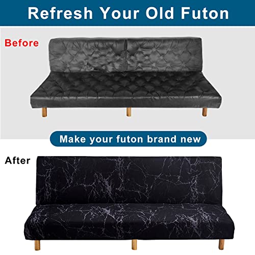 Womaco Printed Futon Cover Stretch Sofa Bed Slipcovers Full Twin Queen Size Armless Couch Loveseat Protector Covers With Elastic Bottom For Living Room Bedroom Furniture (Black Marble, 63"-75") #TOP4