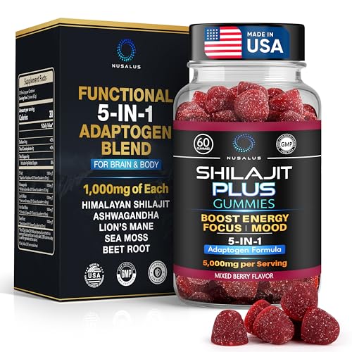 Shilajit Plus Gummies – 5-in-1 Adaptogen Energy & Focus Supplement | Shilajit, Ashwagandha, Lion’s Mane, Sea Moss & Beet Root | Natural Energy & Stress Support | Made in USA, Vegan, 60ct