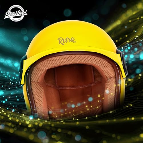 Image of Steelbird SBH 65 Retro 3.0 DOT and ISI Certified Open Face Helmet for Men and Women (Large 600 MM,Glossy Yellow)