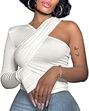 Fawjsais Sexy Tops for Women Date Night Club One Shoulder Tops Criss Cross Shirt Party Tops Blouse White L