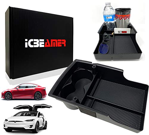 ICBEAMER Carbon Fiber Pattern Center Console Organizer Fit: Tesla Model S/Model X 2016~2021, Storage Box Coins Cup Holder