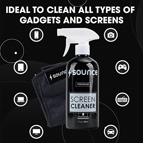 Image of Sounce 2-in-1 Professional Screen Cleaning Kit Non-Toxic, Anti-Static for Camera, Lens, Binocular, Laptop, TV, Monitor, Smartphone, Tablet (Includes: Cleaning Liquid 500ml, Plush Microfiber Cloth)