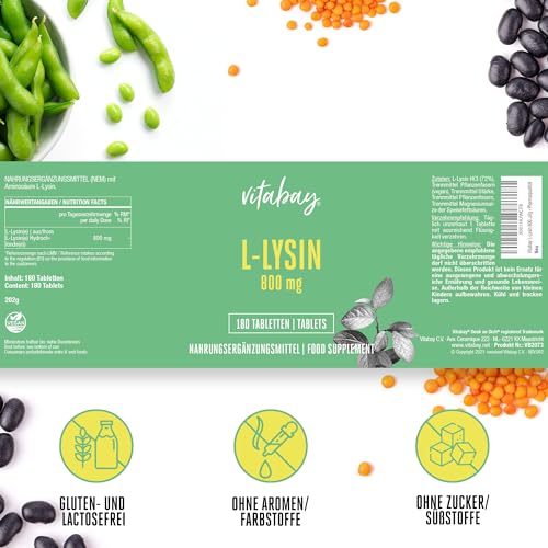 Vitabay Lysin Hochdosiert 800mg - 180 L-Lysin Tabletten Vegan & Laborgeprüft - Essentielle Aminosäure Lysine Kapseln - ohne unerwünschte Zusatzstoffe